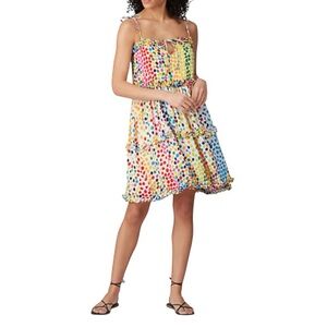 All Things Mochi Blessica 100% silk rainbow polka dot dress size XS